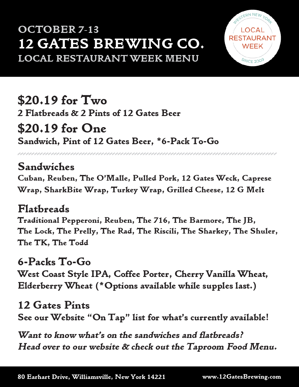 12 Gates Brewing Company Local Restaurant Week WNY 12 Gates Brewing